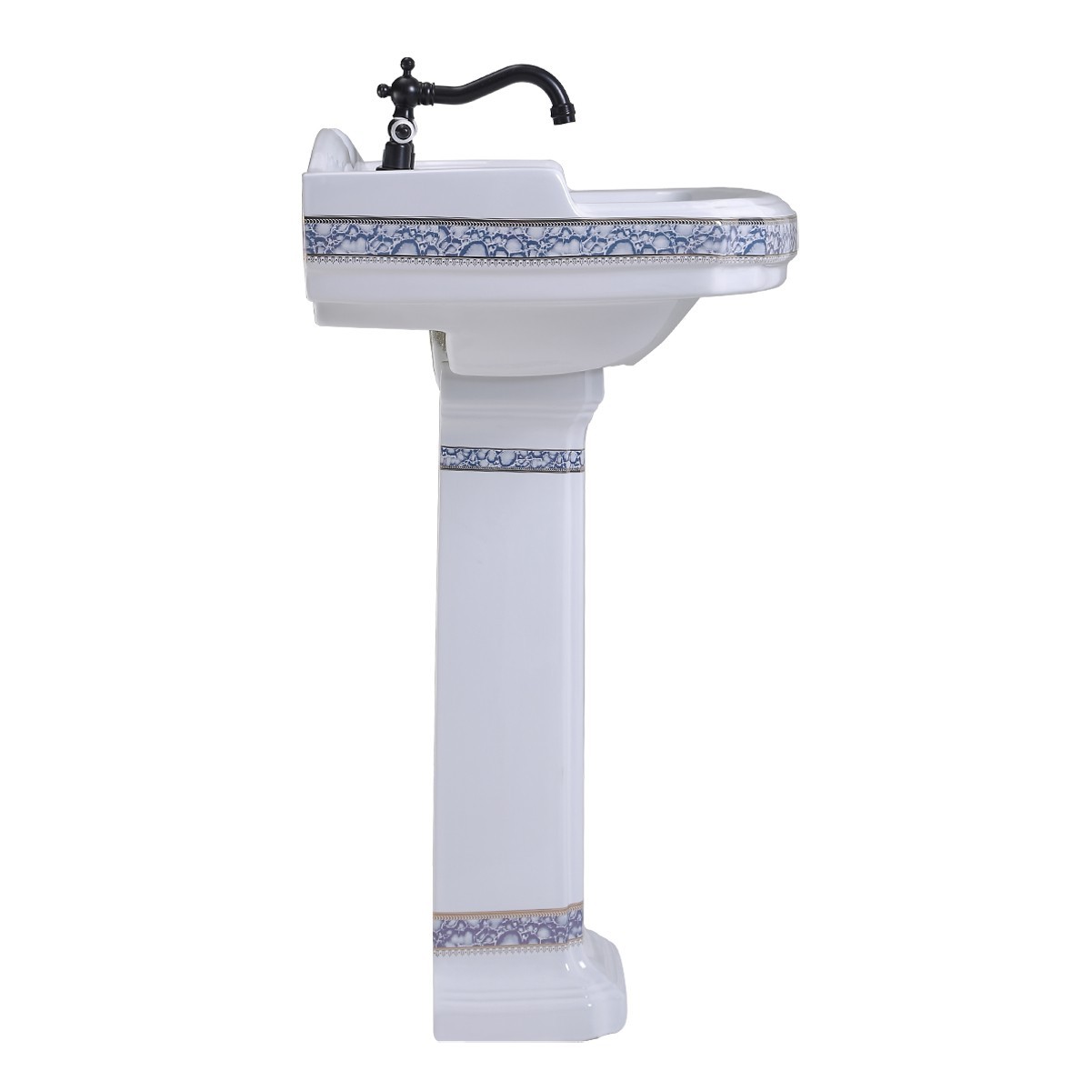 India Reserve White Bathroom Pedestal Sink Porcelain with Blue and Gold Finish
