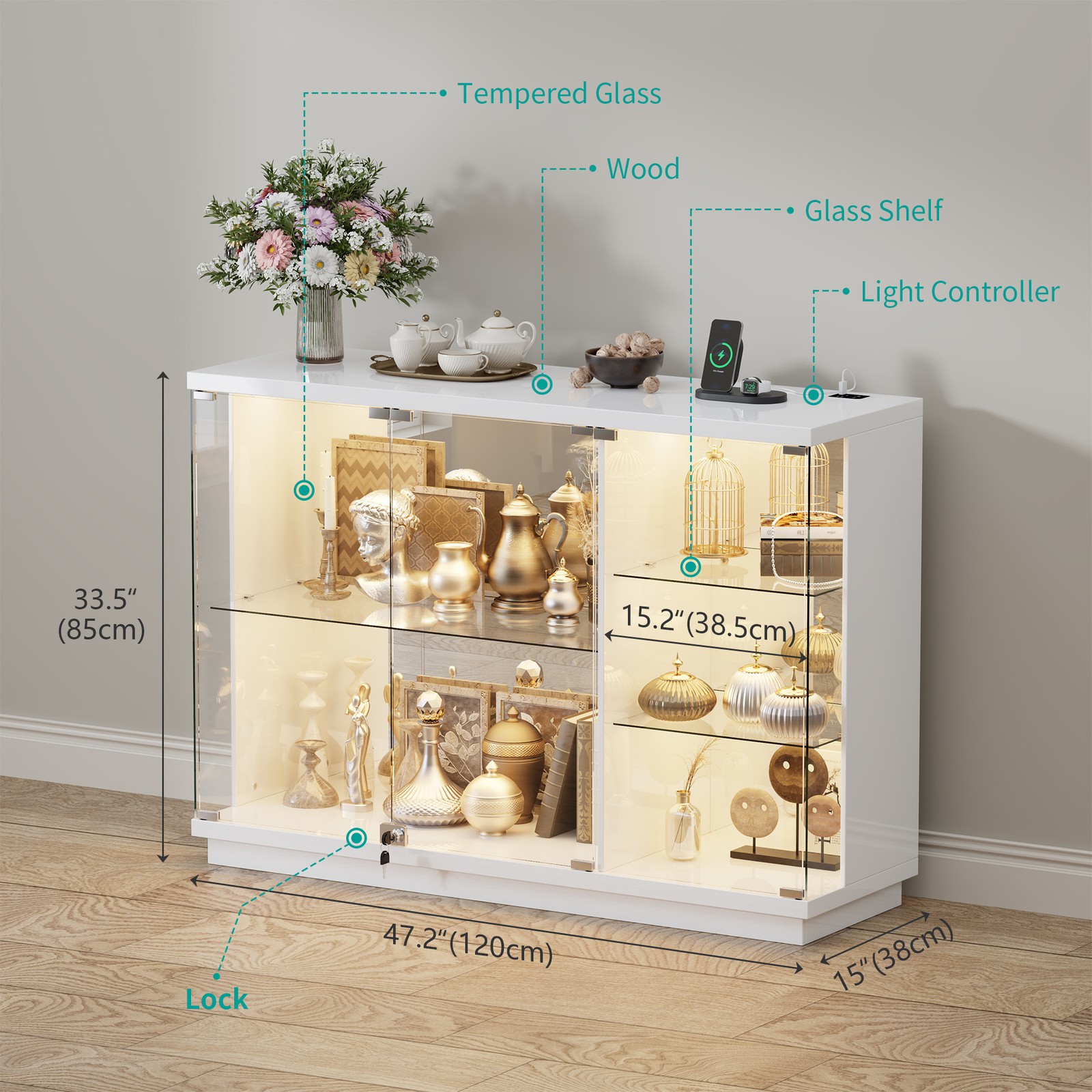 Gurexl Glass Display Cabinet with Lock, Display Cases with 3-Color LED Lights