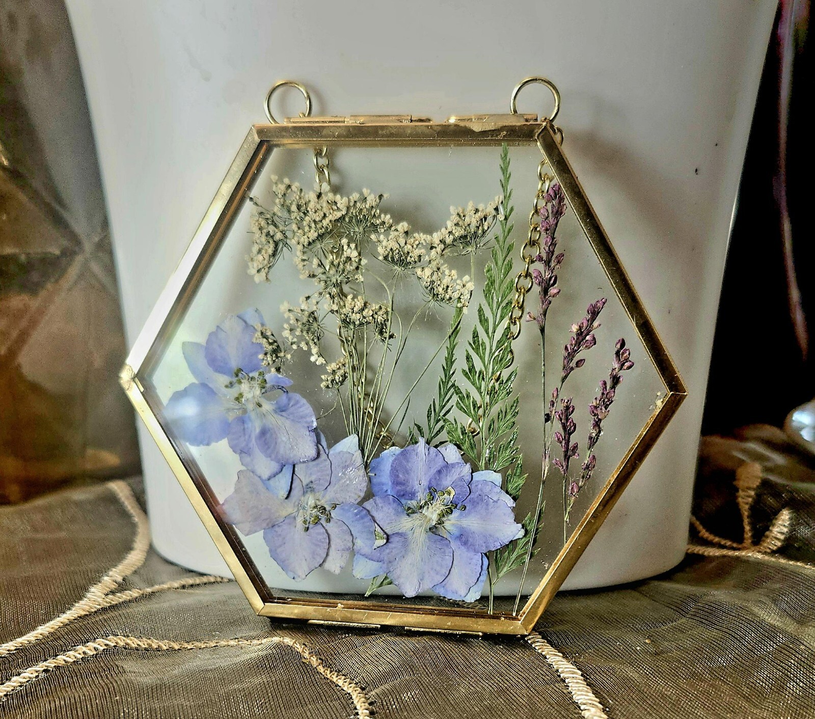 Wall Art Dried Pressed Real Flowers in Glass frame hexagon 3.5 in handmade gift