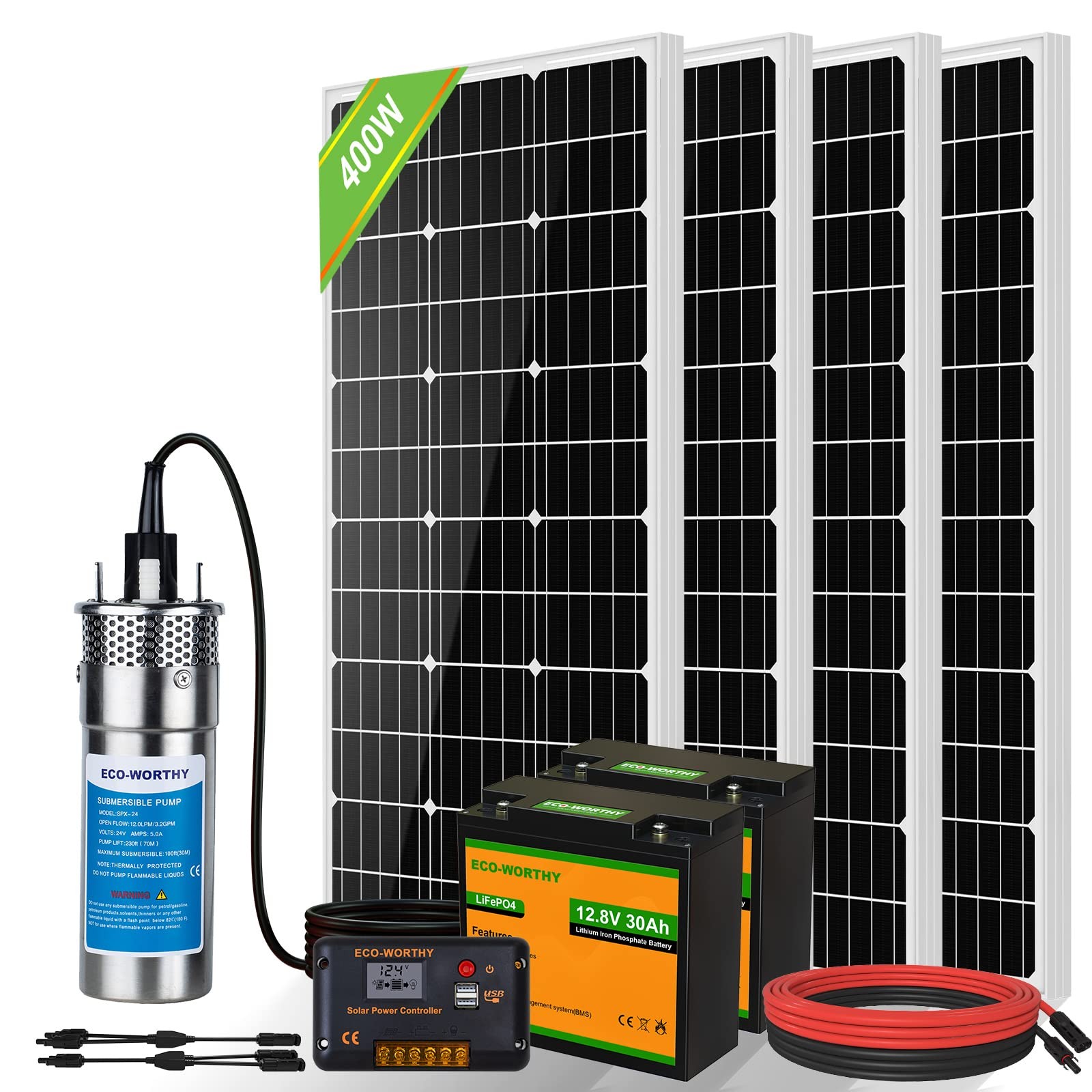 400W Solar well pump Kit 12V DC submersible water pump with 2pcs 30AH Li-battery