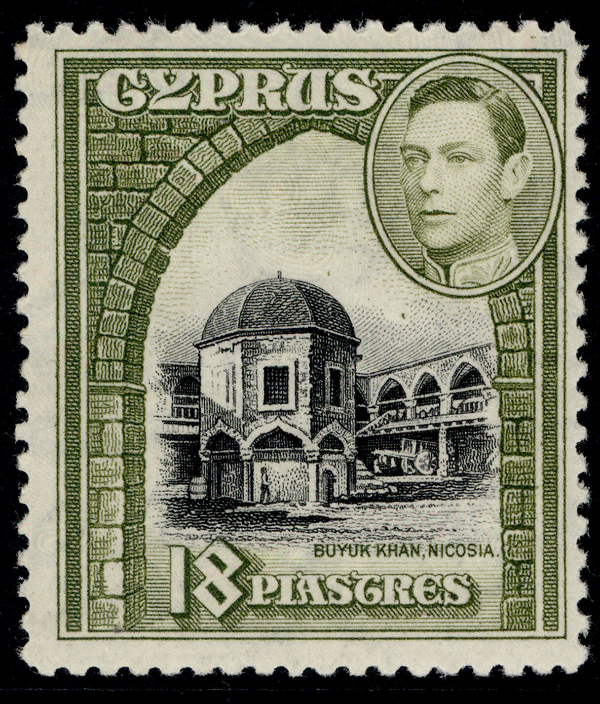 CYPRUS GVI SG160, 18pi black & olive-green, M MINT. Cat £16.