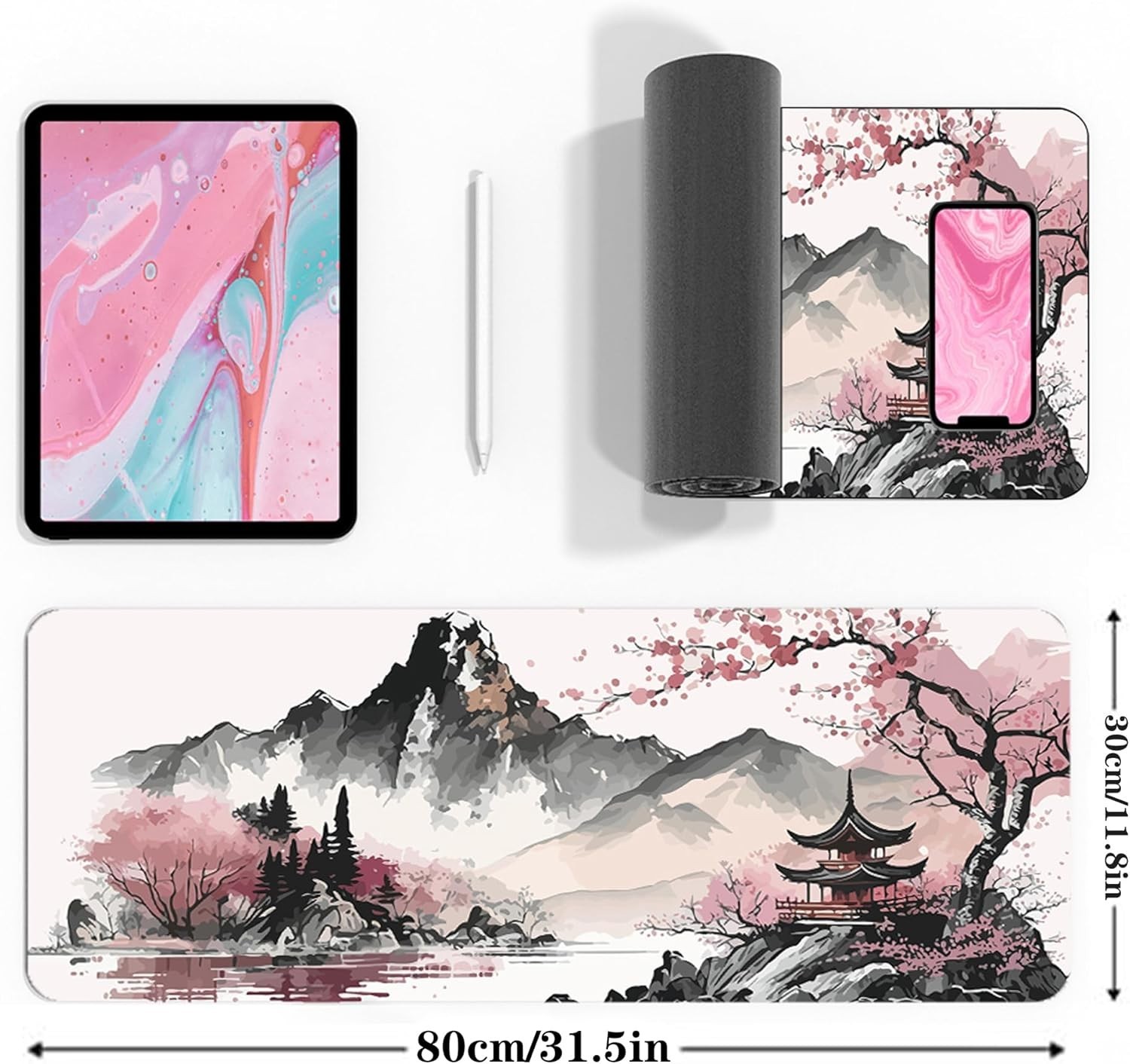 Watercolor Cherry Blossom Gaming Mouse Pad Large 31.5x11.8 Inch Non-Slip Rubber