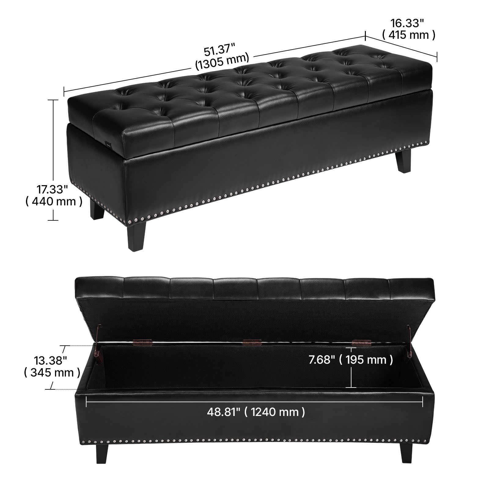 Button-Tufted Storage Ottoman Bench PU Leather Bench with Wood Legs Black