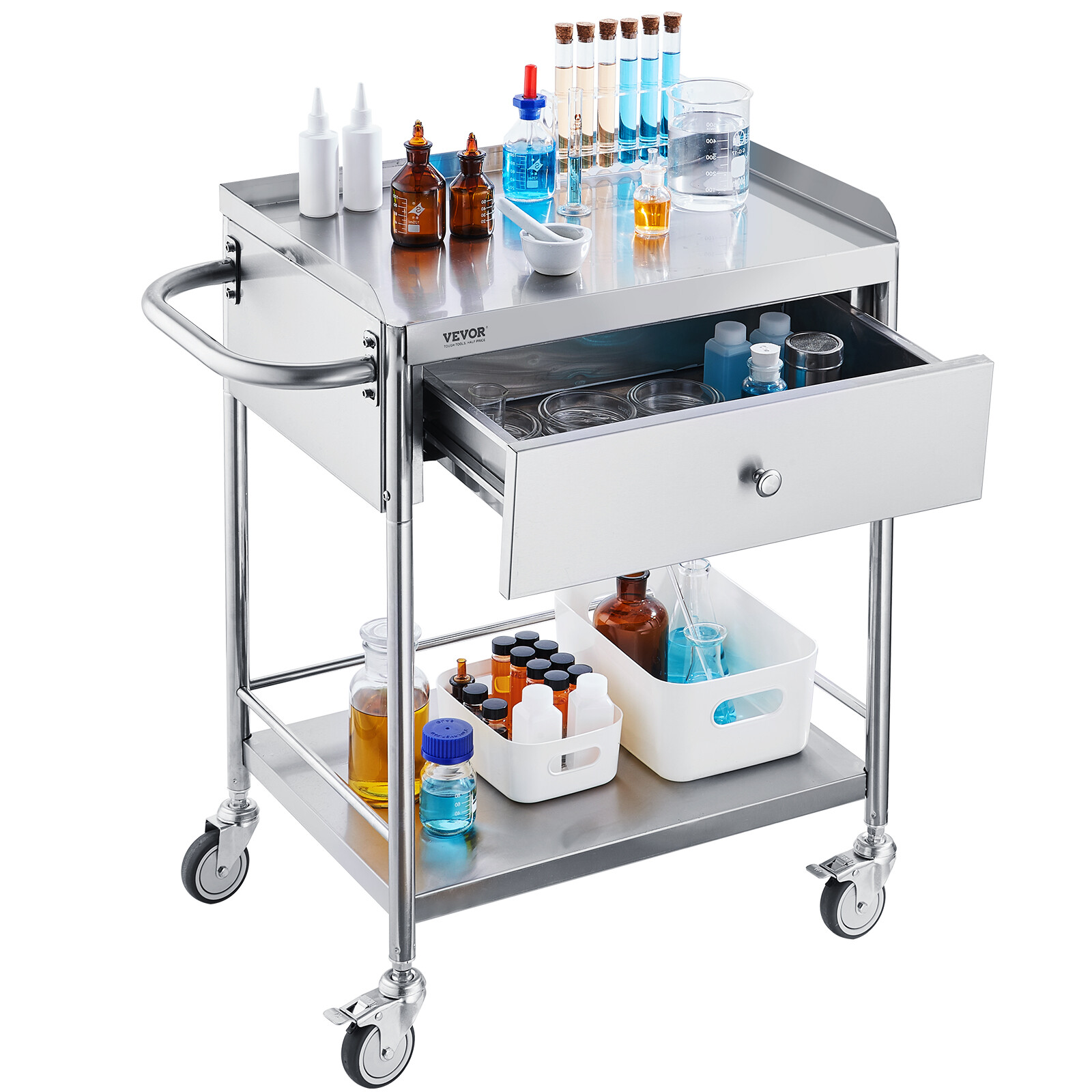 VEVOR 2-Tier Medical Trolley Steel Cart Mobile Lab Utility Cart with A Drawer