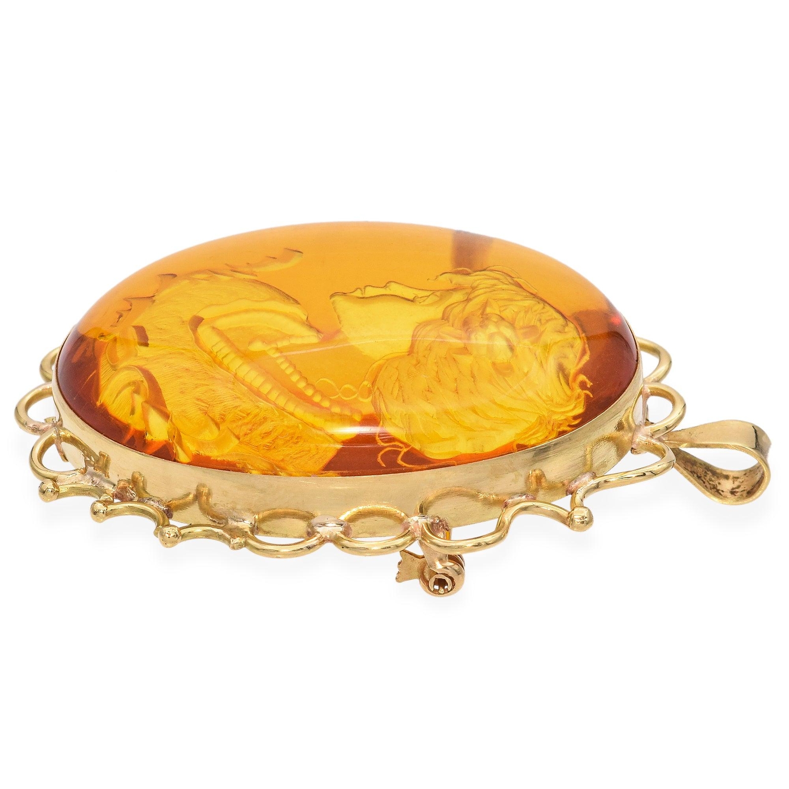 Vintage 18K Yellow Gold Carved Woman Amber Intaglio Brooch Pendant