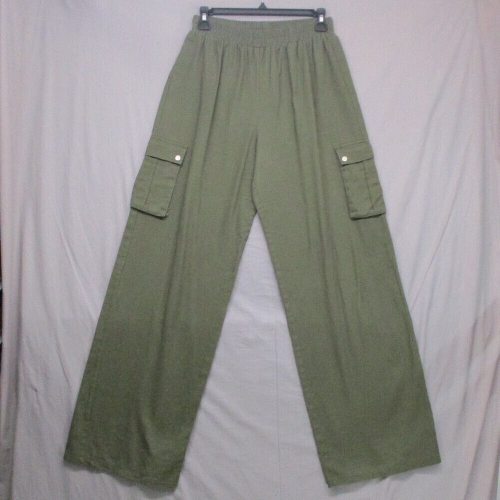 100% Cotton Cargo Pocket Baggy Loose Fit Wide Leg Pants Green Women Size | 6