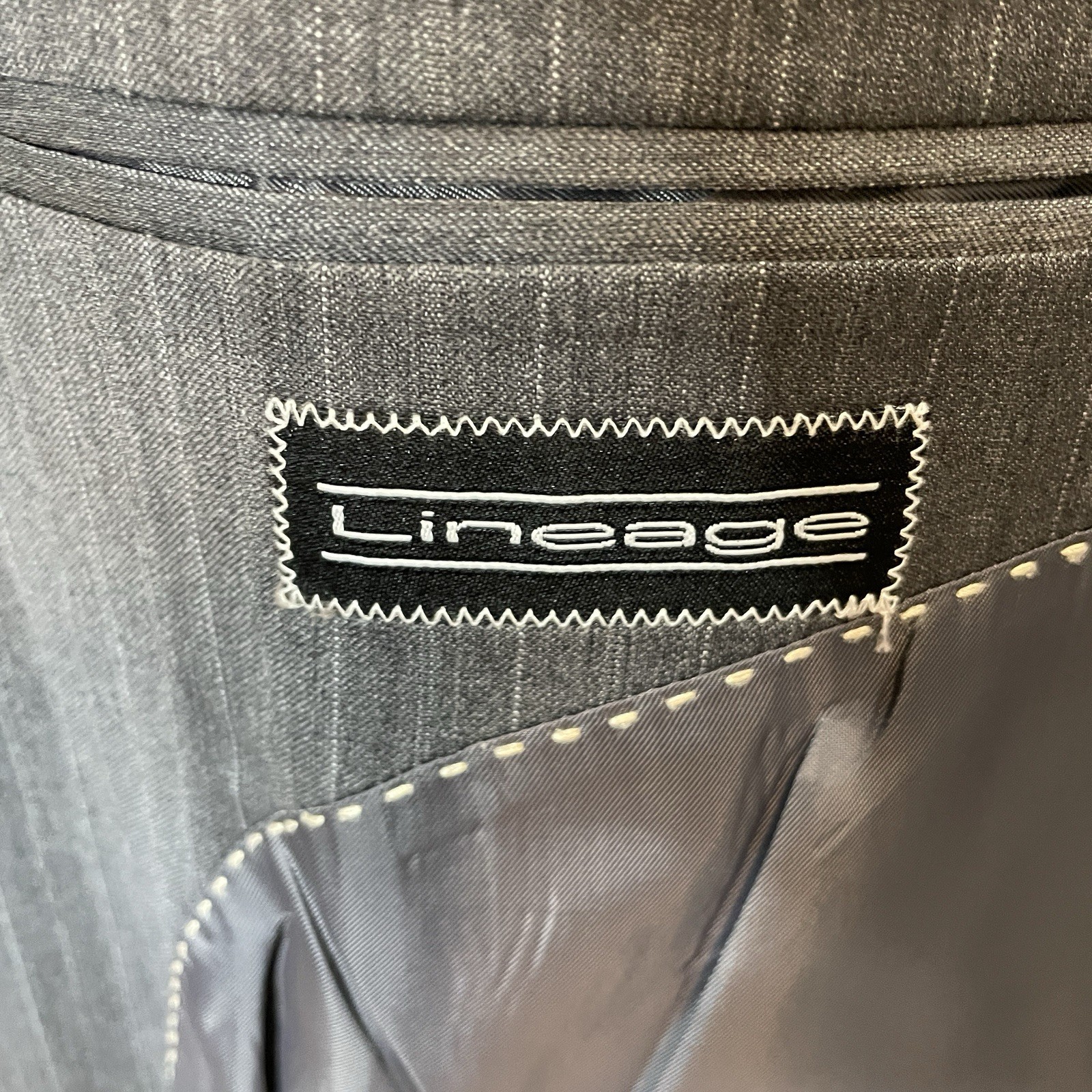 Lineage 2 Piece Suit Mens 44R 38x28 Gray Striped Wool Three Buttons Pants