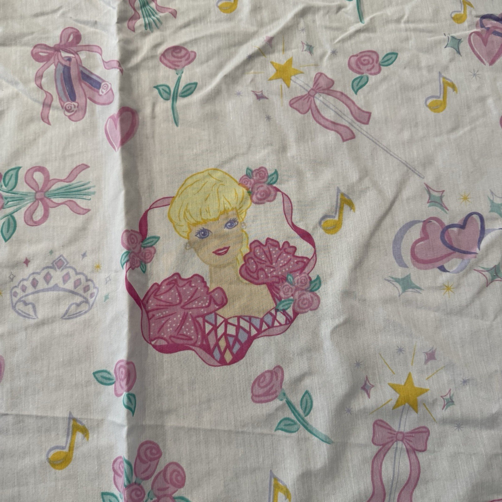 Vintage Bibb Company Barbie Twin Size Flat Top Sheet 1995 Ballerina Pink Bows
