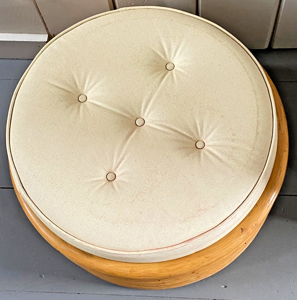 MCM Stacked 9 Band Bent Rattan Bamboo Ottoman Footstool Cushion Vtg Mid-Century