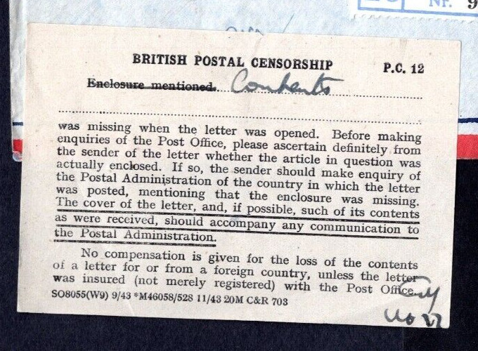ICELAND TO US VIA UK 1944 WAR TIME AIR MAIL CENSORED BY BRITISH