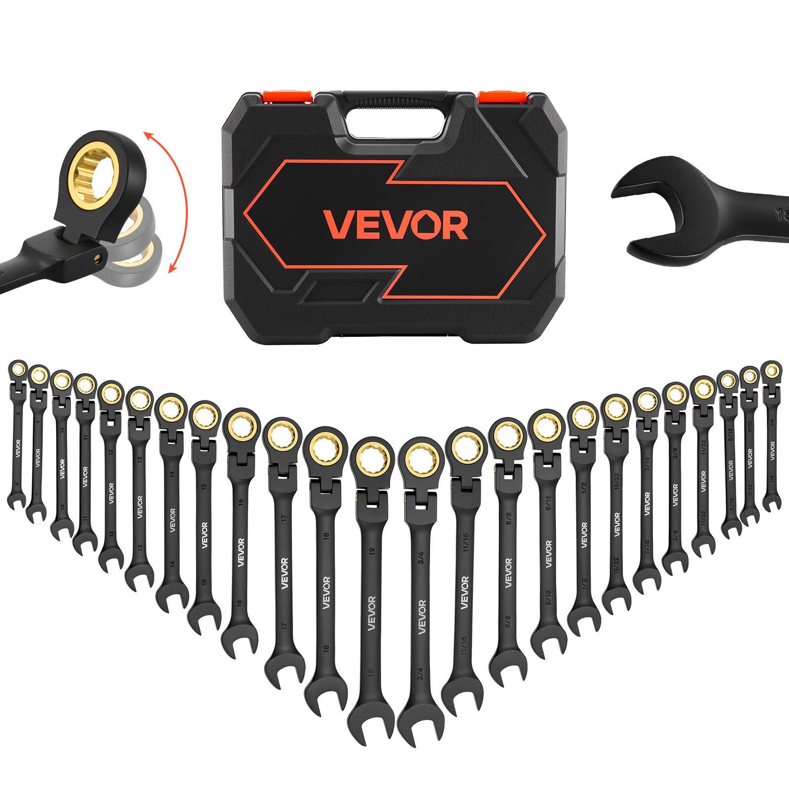 VEVOR Flex-Head Ratcheting Wrench Set Combination Wrench Set 24-Piece Black