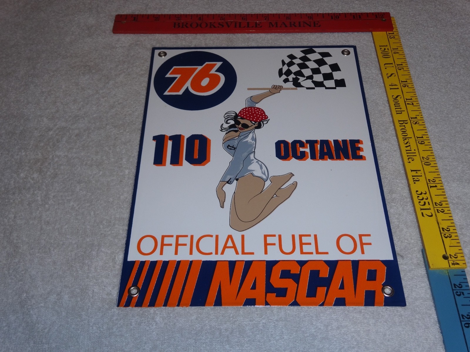 VINTAGE UNION 76 GASOLINE WOMAN +RACING FLAG 12" PORCELAIN METAL NASCAR OIL SIGN