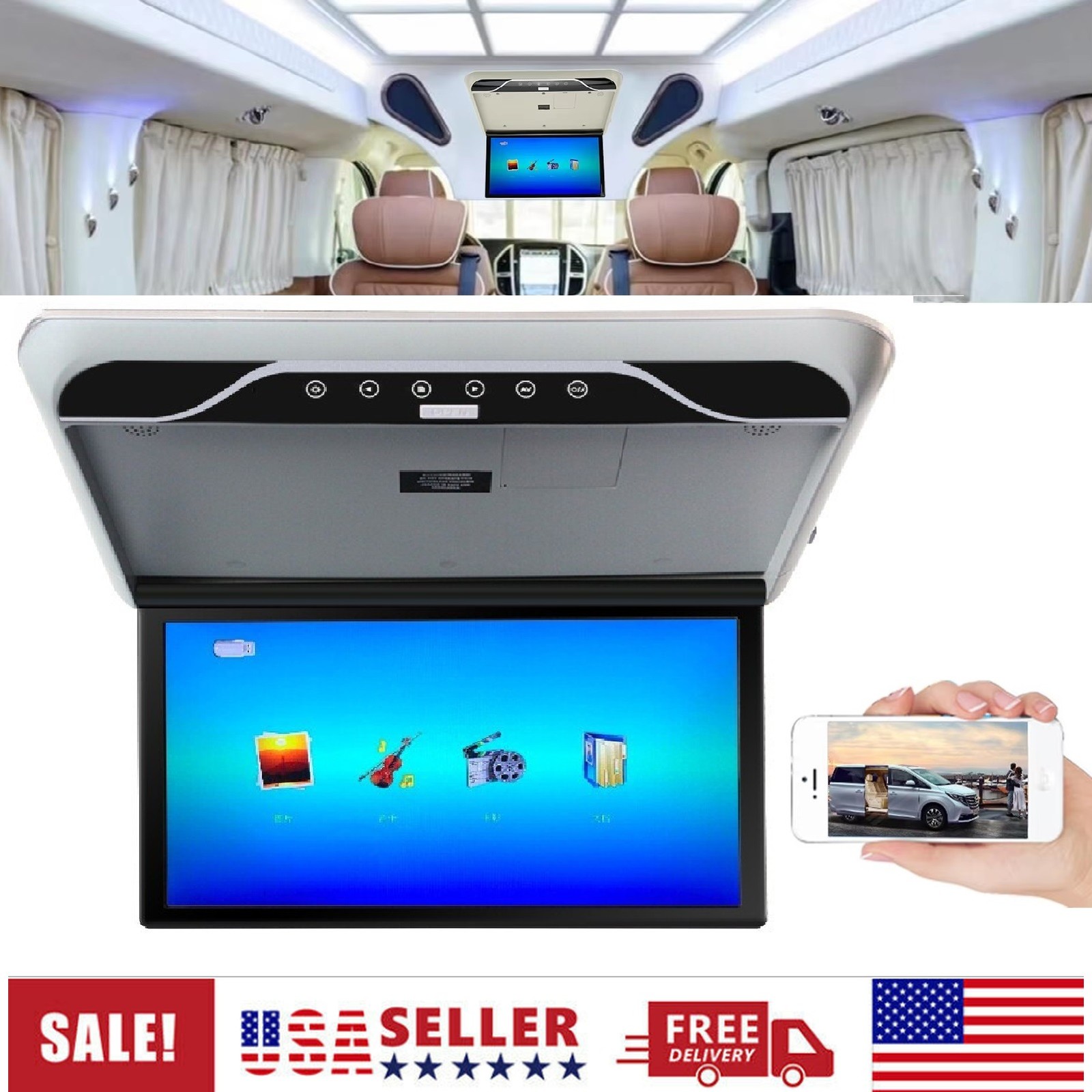 19.5" Screen Car Overhead Ceiling Roof Mount Monitor FHD 1080P Video Player HDMI
