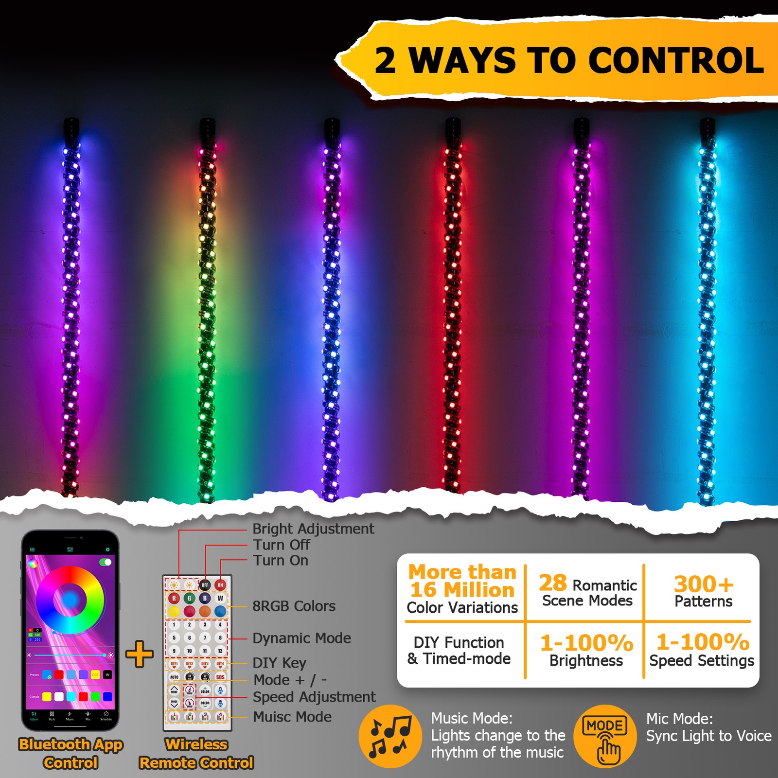 3FT Spiral RGB LED Whip Light w/Pro-fit Mount For CFMOTO UFORCE 600 1000 1000 XL