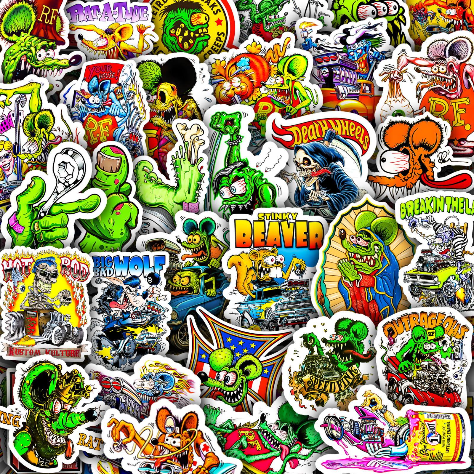 50pcs Rat Fink Ed Roth Vinyl Decals  Vintage Hot Rod Custom Sticker Set