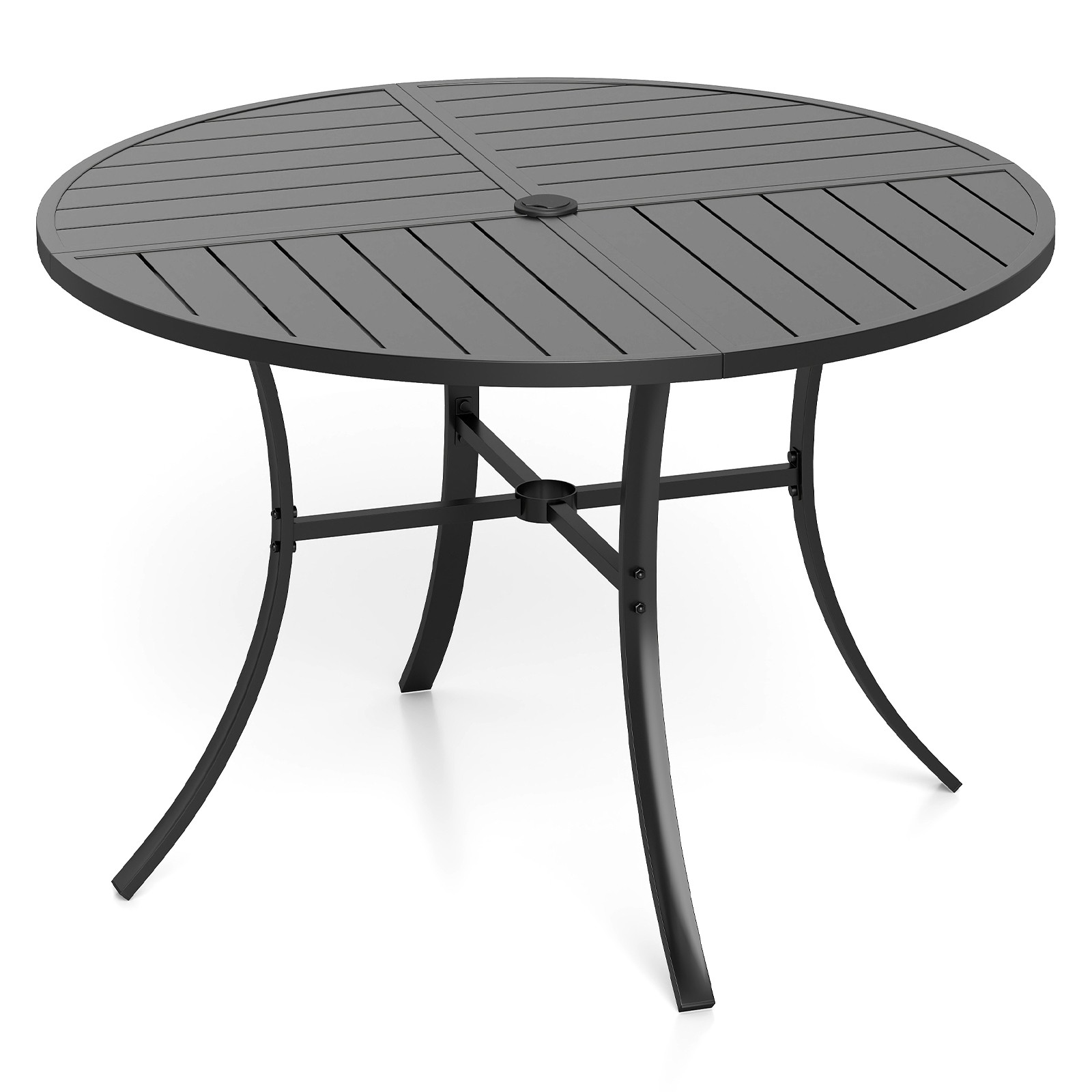 Patio Dining Table, 42.5" Round Metal Slat Table with Umbrella Hole, Outdoor
