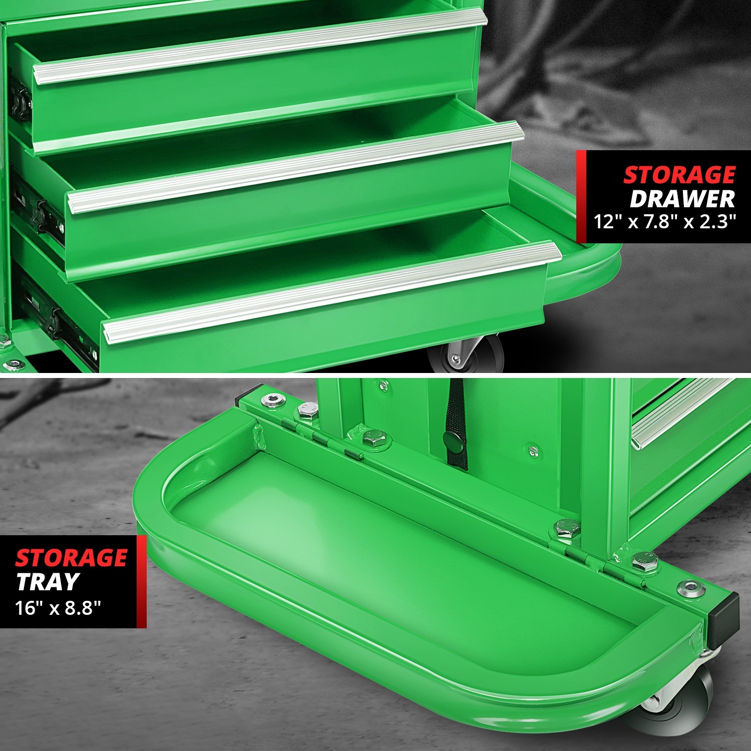 Mechanics Roller Work Seat w/ 3-Drawer Tool Box Storage Tray Padded Stool Green