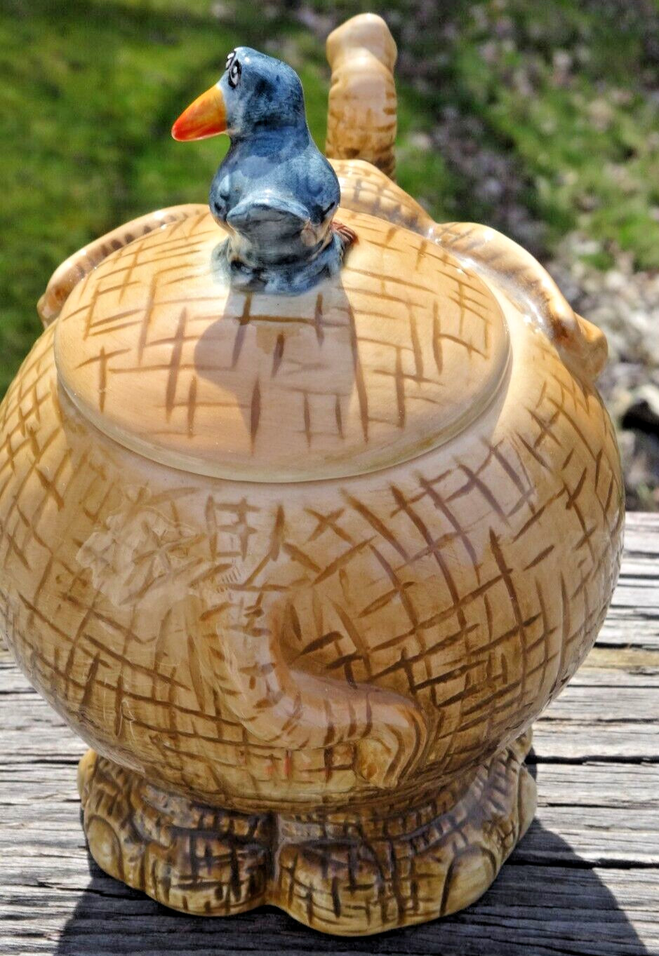 Ceramic 6" x 5.5" Lucky Trunk Up Elephant Jar w/ Bird on Lid by Home and Garden