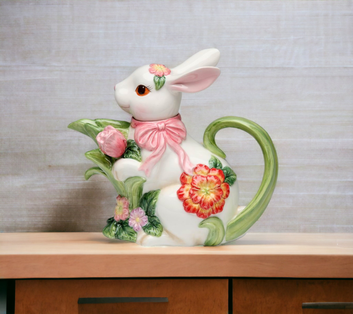 Ceramic Easter Bunny Rabbit with Flowers Teapot, Gift for Her, Gift for Mom, Tea