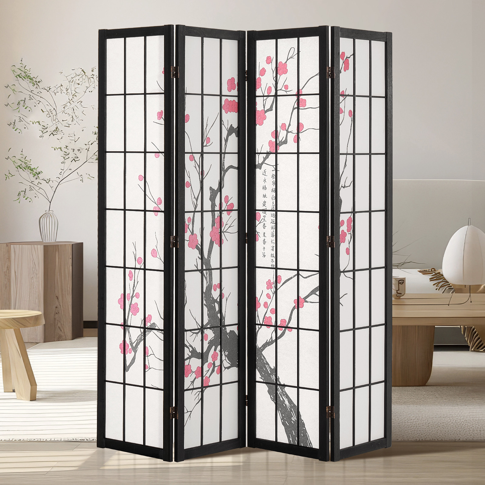 Uimoso Room Divider Japanese Room Screen Divider 4 Panel for Room Separation