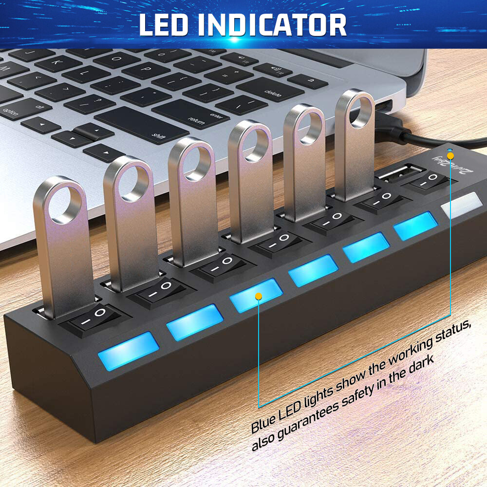 USB 3.0 Hub 7 Port On/Off Switch High Speed Splitter AC Adapter Cable PC Laptop