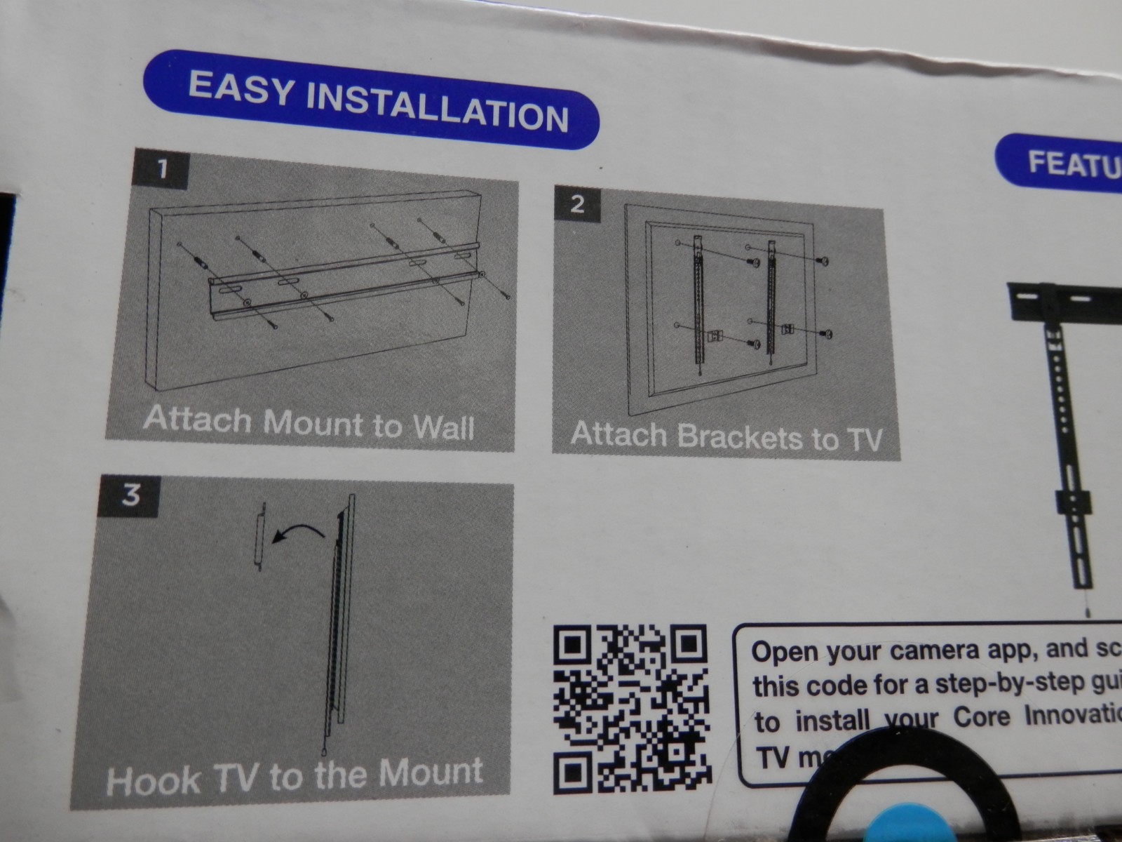 CORE INNOVATIONS LOW PROFILE TV MOUNT FITS 23 IN. TO 65 IN. TV"s wt. limit 77lbs