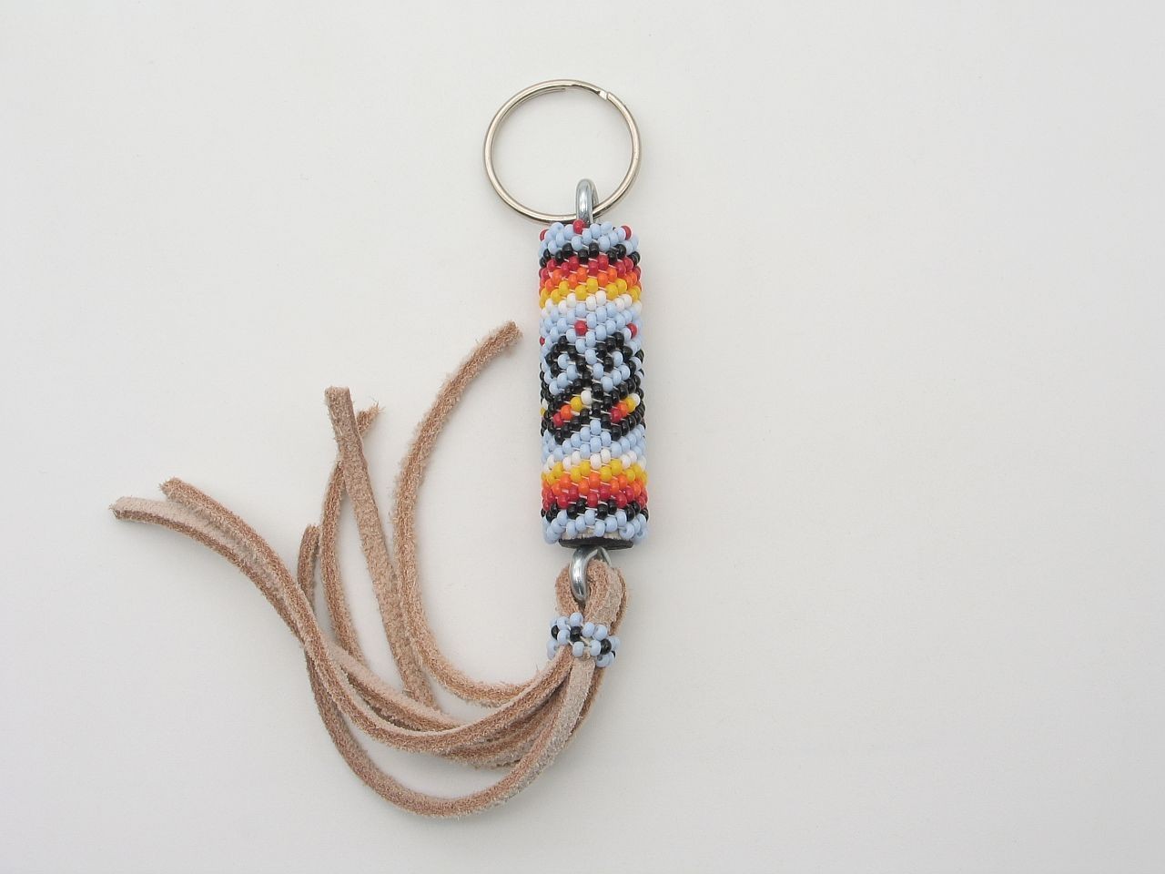 Native American Navajo Handmade Multicolor Beaded Key Chain w/ Leather Fringe