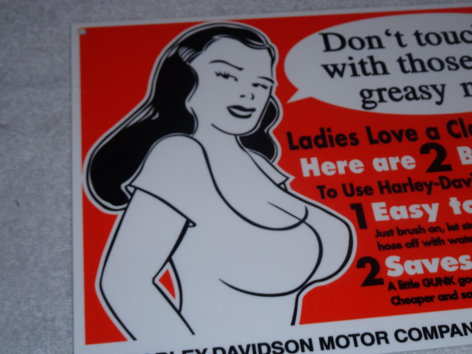 VINTAGE HARLEY DAVIDSON MOTORCYCLE GUNK WOMAN 12" MOTOR CYCLE GASOLINE OIL SIGN!