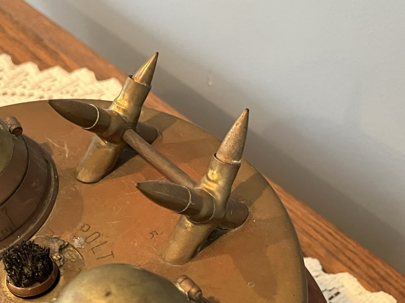 Antique WWI German Trench Art Desk Set Artillery Shell Fuse Ink Wells/Pen Holder