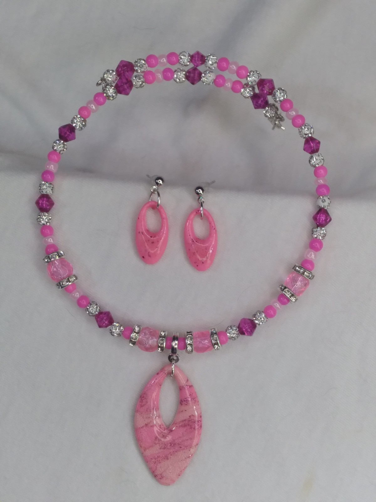 Handcrafted Beaded Pink Polymer Clay Pendant Memory Wire Choker Earring Set