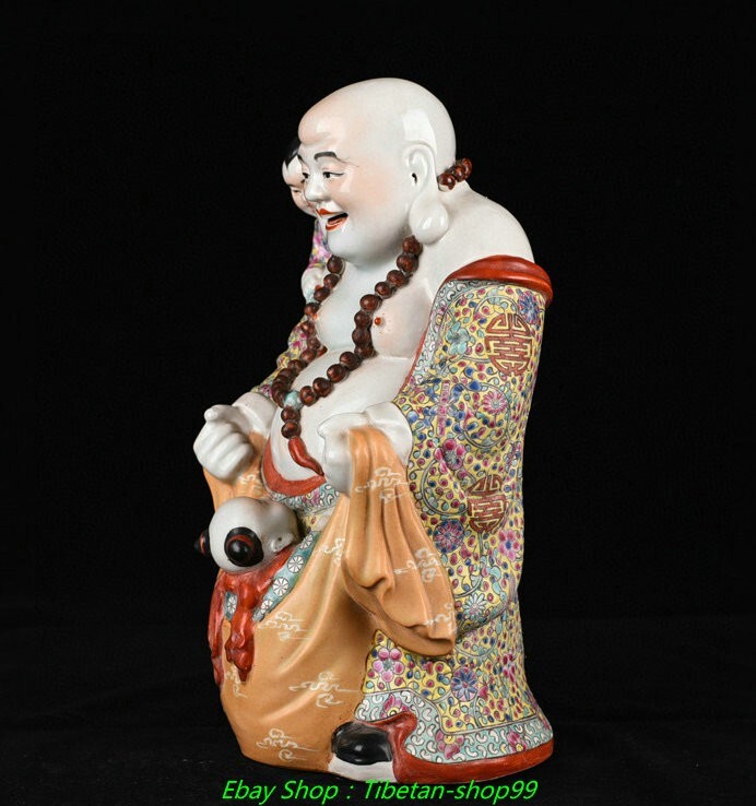 11.8''Old Famille Rose Porcelain Gilt Tongzi Happy Laugh Maitreya Buddha Statue