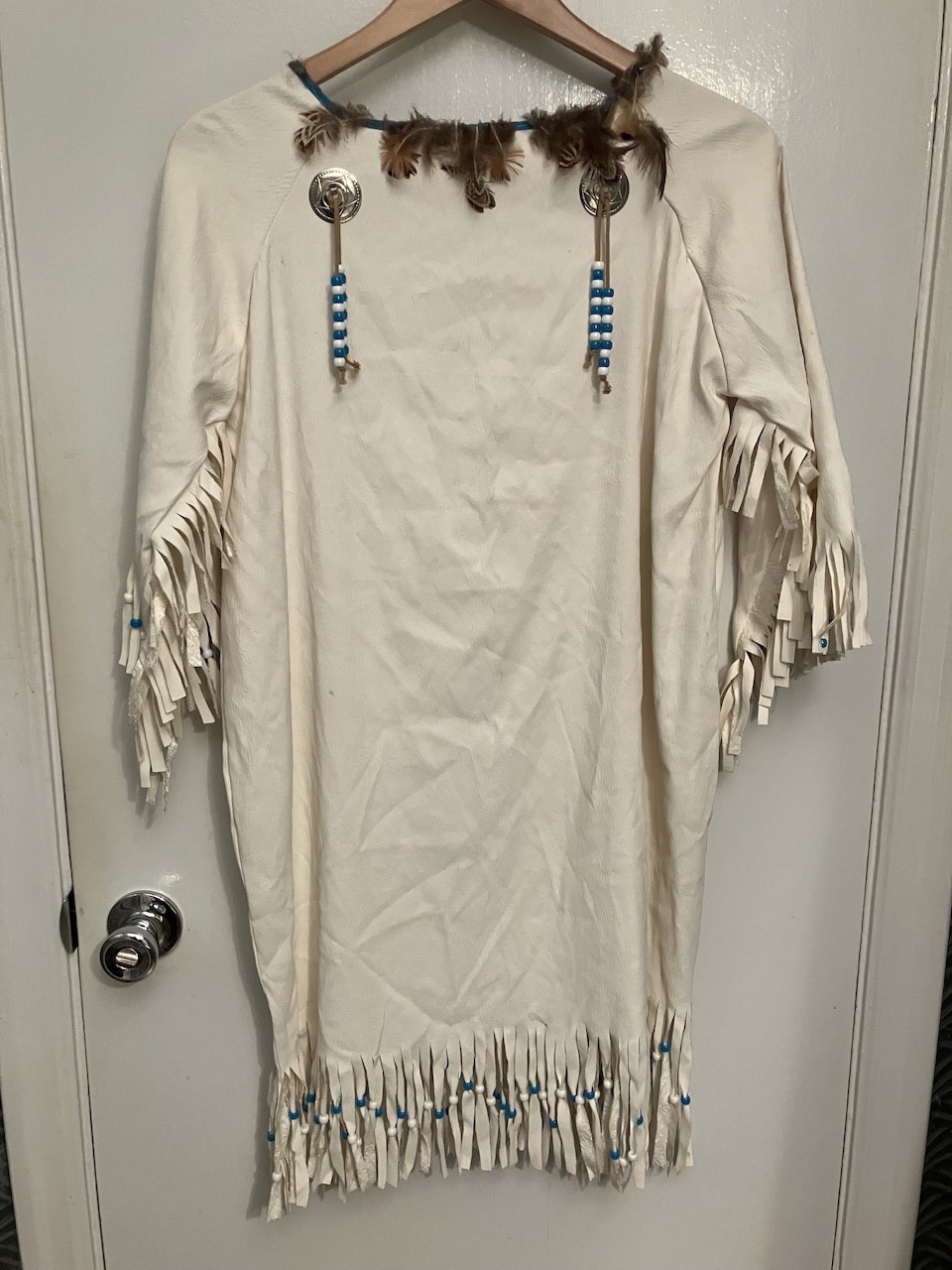vintage white leather fringe Native American indian dress conchos turquoise bead