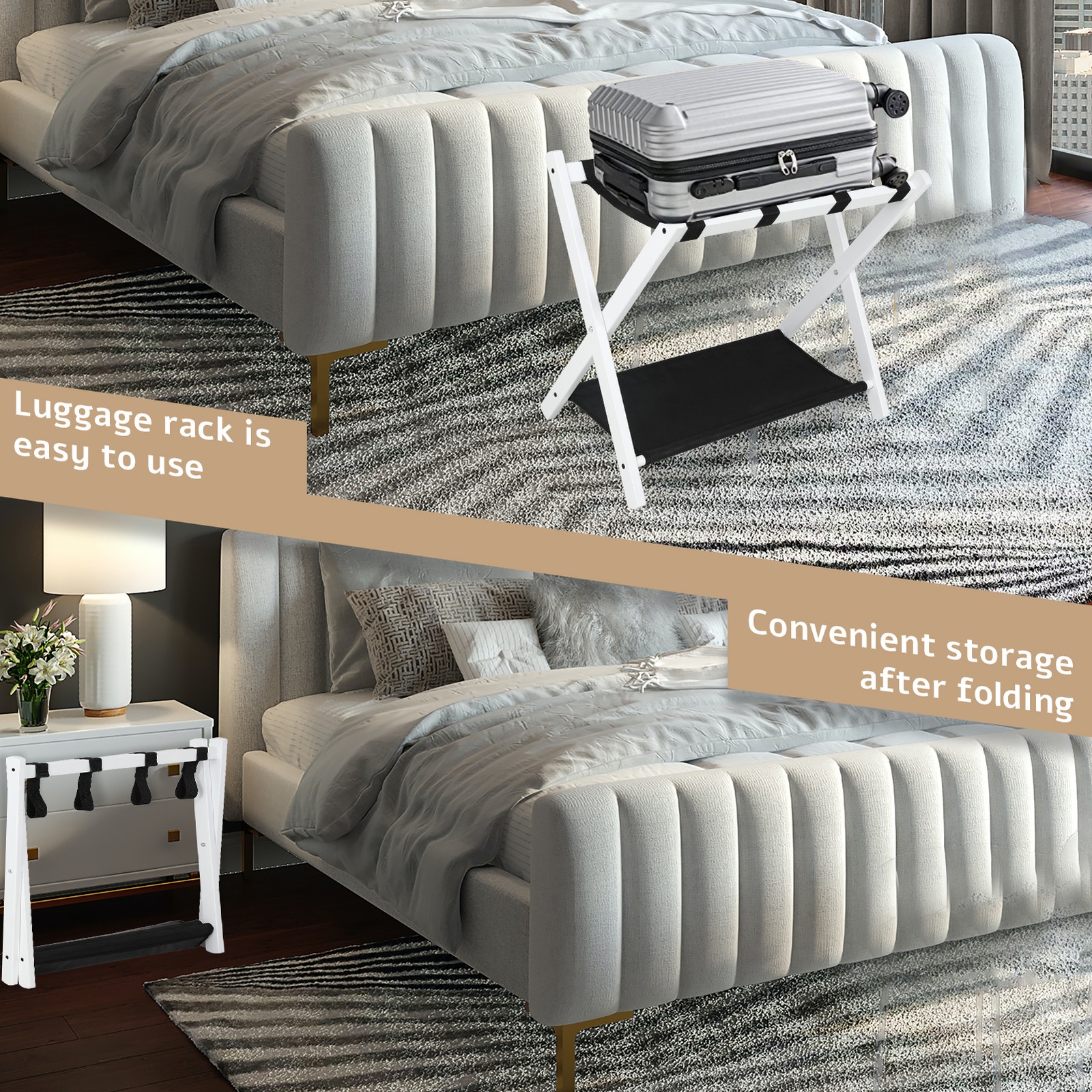 Set of 2 Folding Luggage Rack Soild Wood Stand Suitcase Holder w/ Shelf White