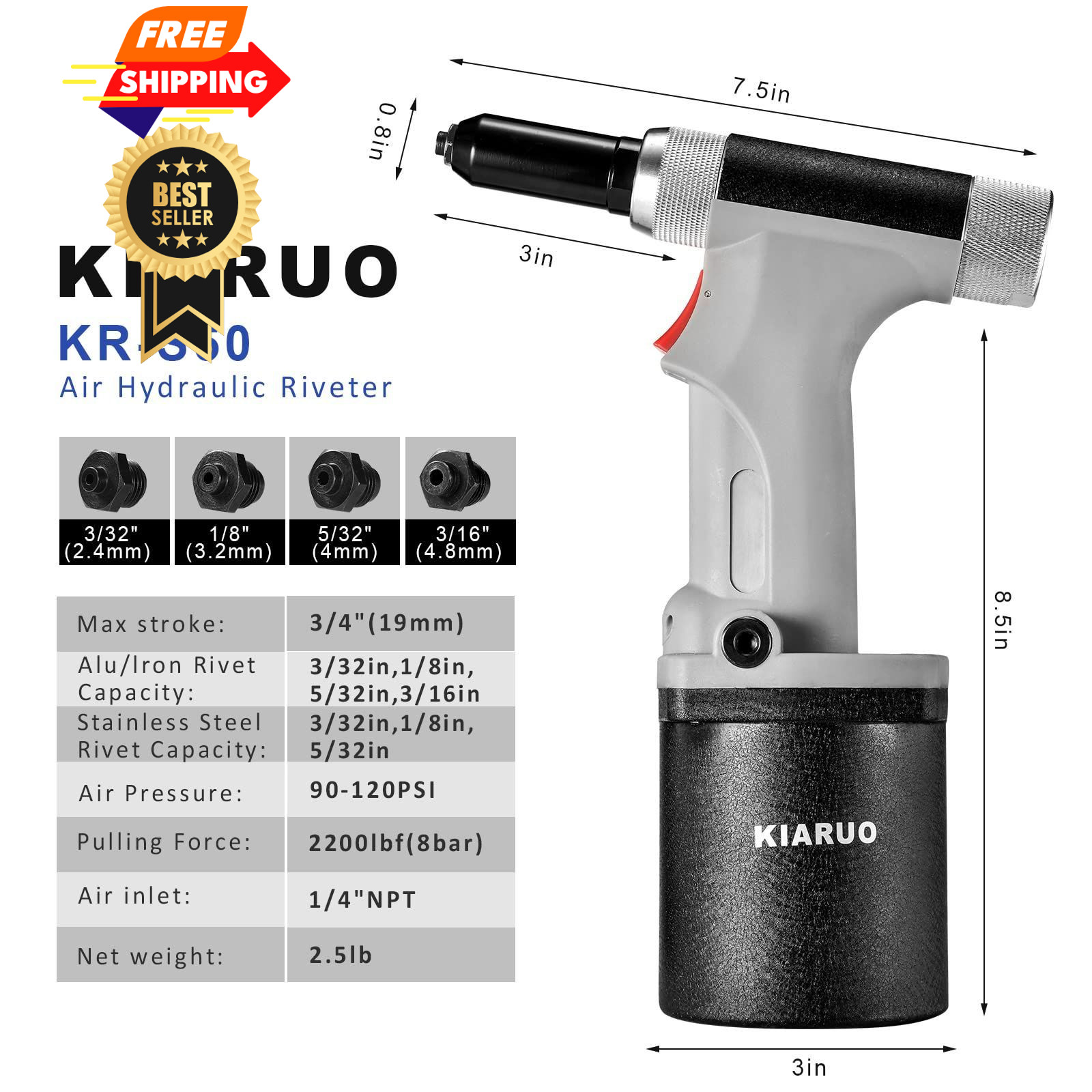 KIARUO Pneumatic Rivet Gun 3/16" 5/32" 1/8" S50 General Model, grey