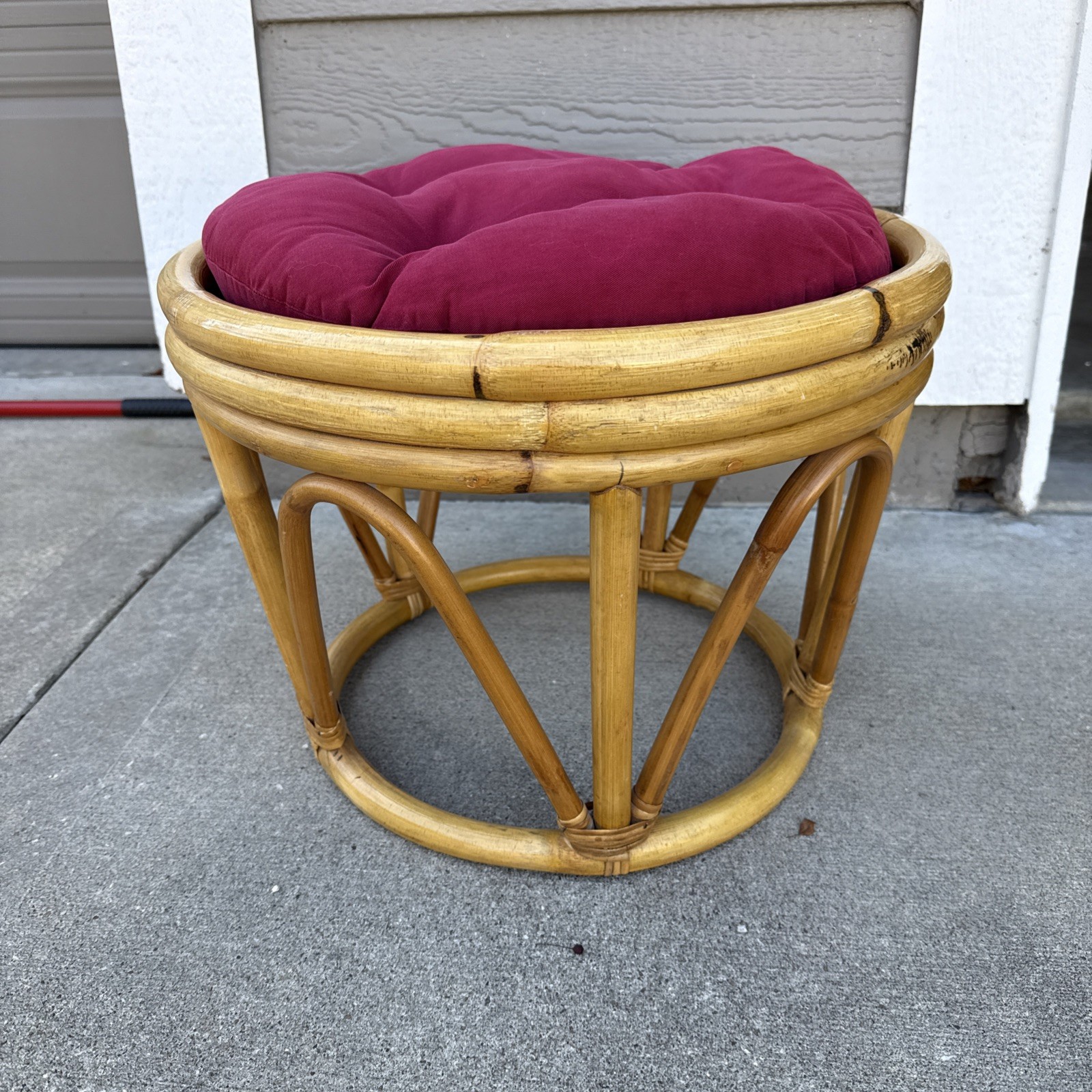 Vintage Rattan Bamboo Ottoman Base Boho Mid-Century Round Stool Plant Stand Bent