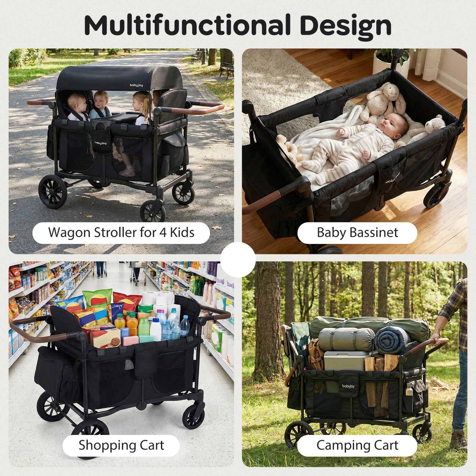 Wagon Stroller, Foldable 4-Seater Push-Pull Toddler Stroller w/Removable Canopy