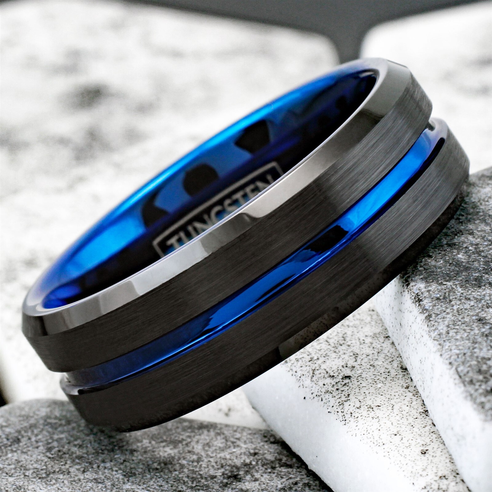 6/8mm Tungsten Carbide Men's Ring Thin Blue Line Black Brushed Wedding Band