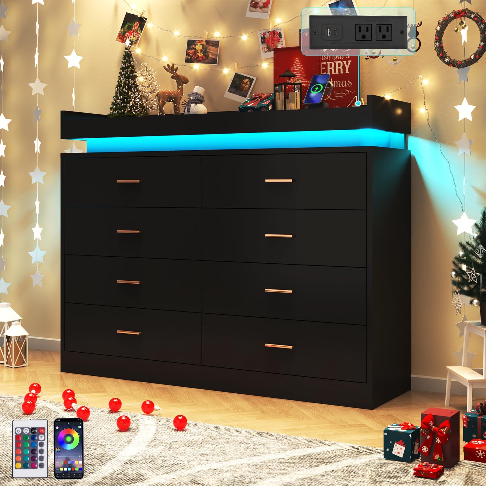 8 Drawer Dresser with LED Light and Charging Station, Modern Chest of Drawers