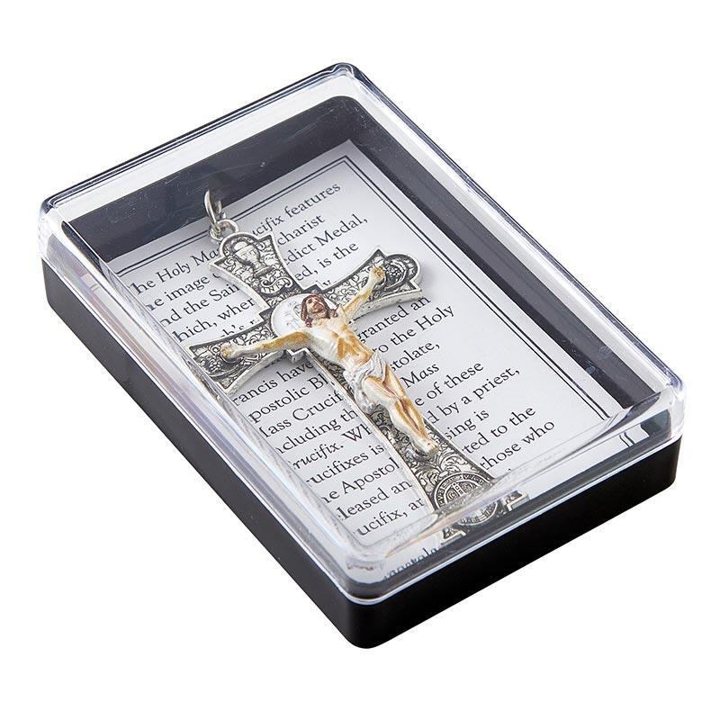 Holy Mass Pendant Crucifix Silver with Cord Features the Saint Benedict Medal