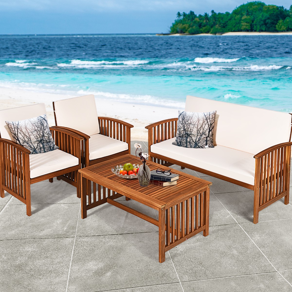 8PCS Patio Solid Wood Furniture Set Conversation Coffee Table W/White Cushion