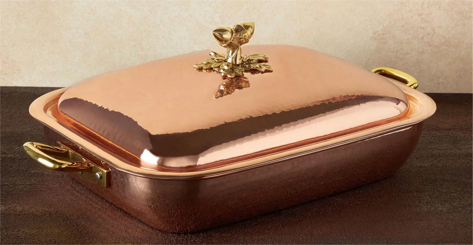 Ruffoni Historia Hammered Copper 5.5 Qt Rectangular Roasting Pan Acorn Knob