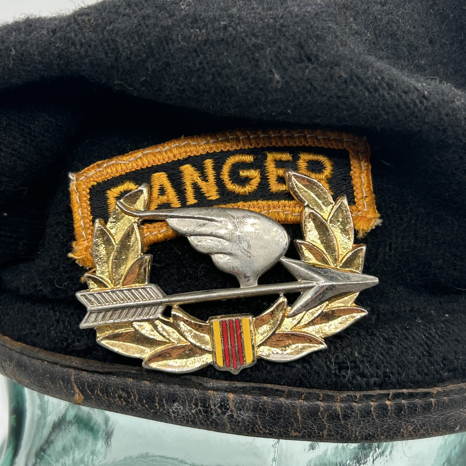 Vintage Army Ranger Beret Black Wool Normandy Basque ARVN Pin