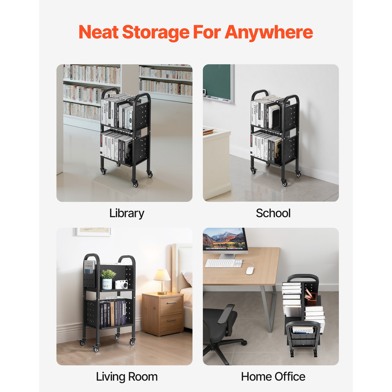 2-Tier Rolling Book Cart Double Sided L-Shaped Shelves Book Truck in Black