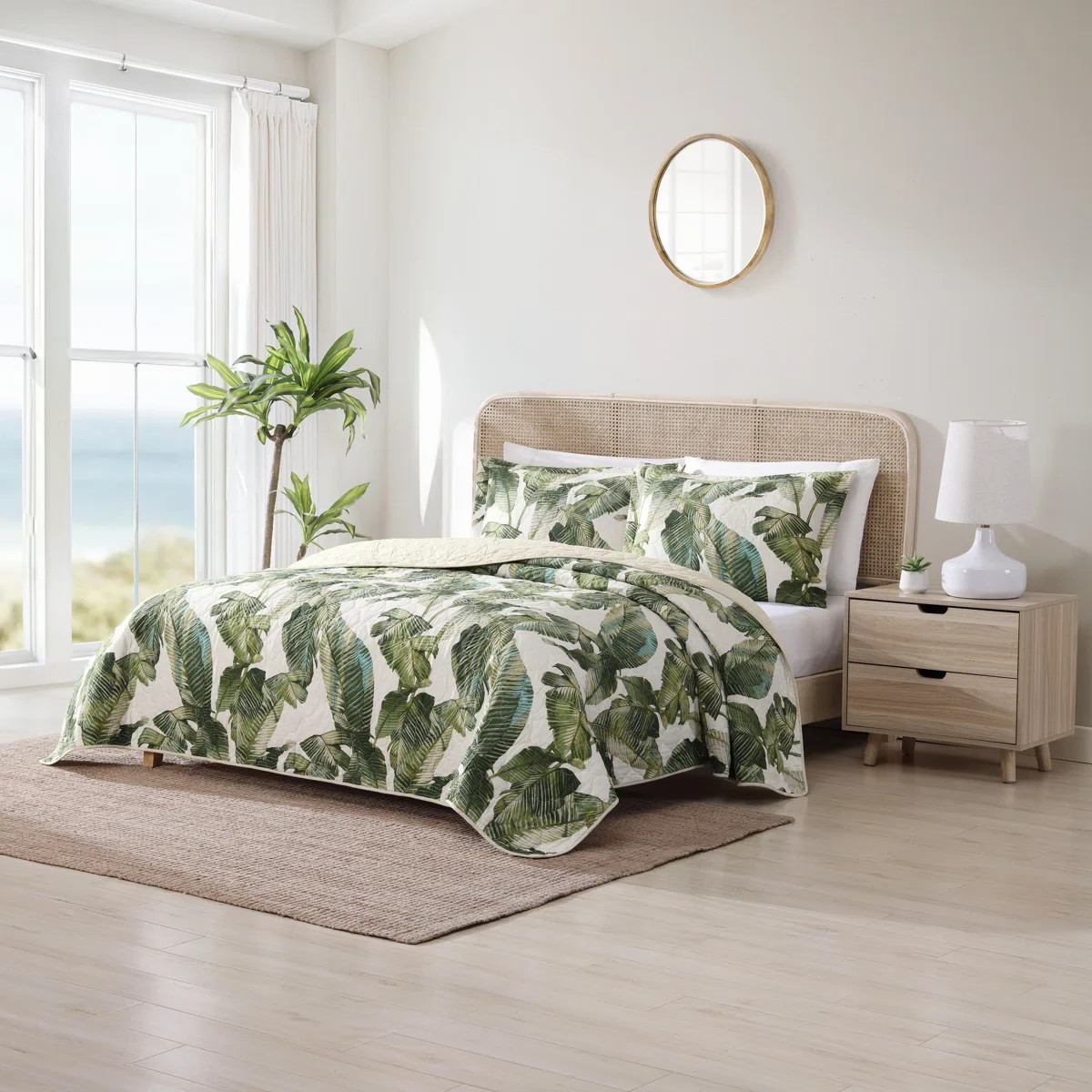 Queen Quilt Set Green Coastal Botanical Tropical Floral Bahama Exotic Leaves 3Pc