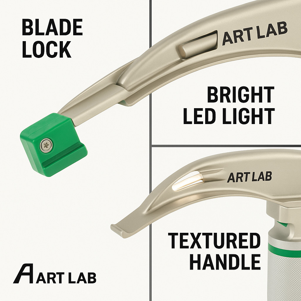 FIBER-OPTIC LARYNGOSCOPE SET OF 4 INTUBATION BLADES 1,2,3,4 + MEDIUM HANDLE