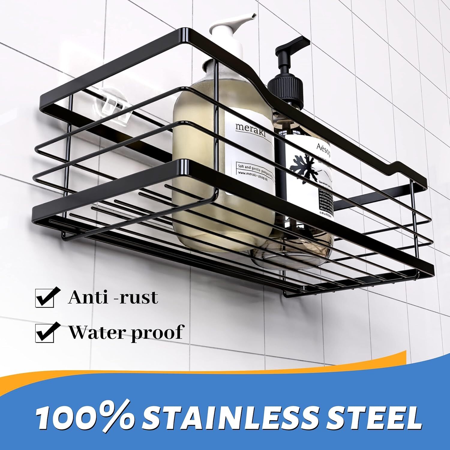 Rustproof Shower Shelf Rack Adhesive Shower Shelves & 4 Hooks Organizer 2 Pcs