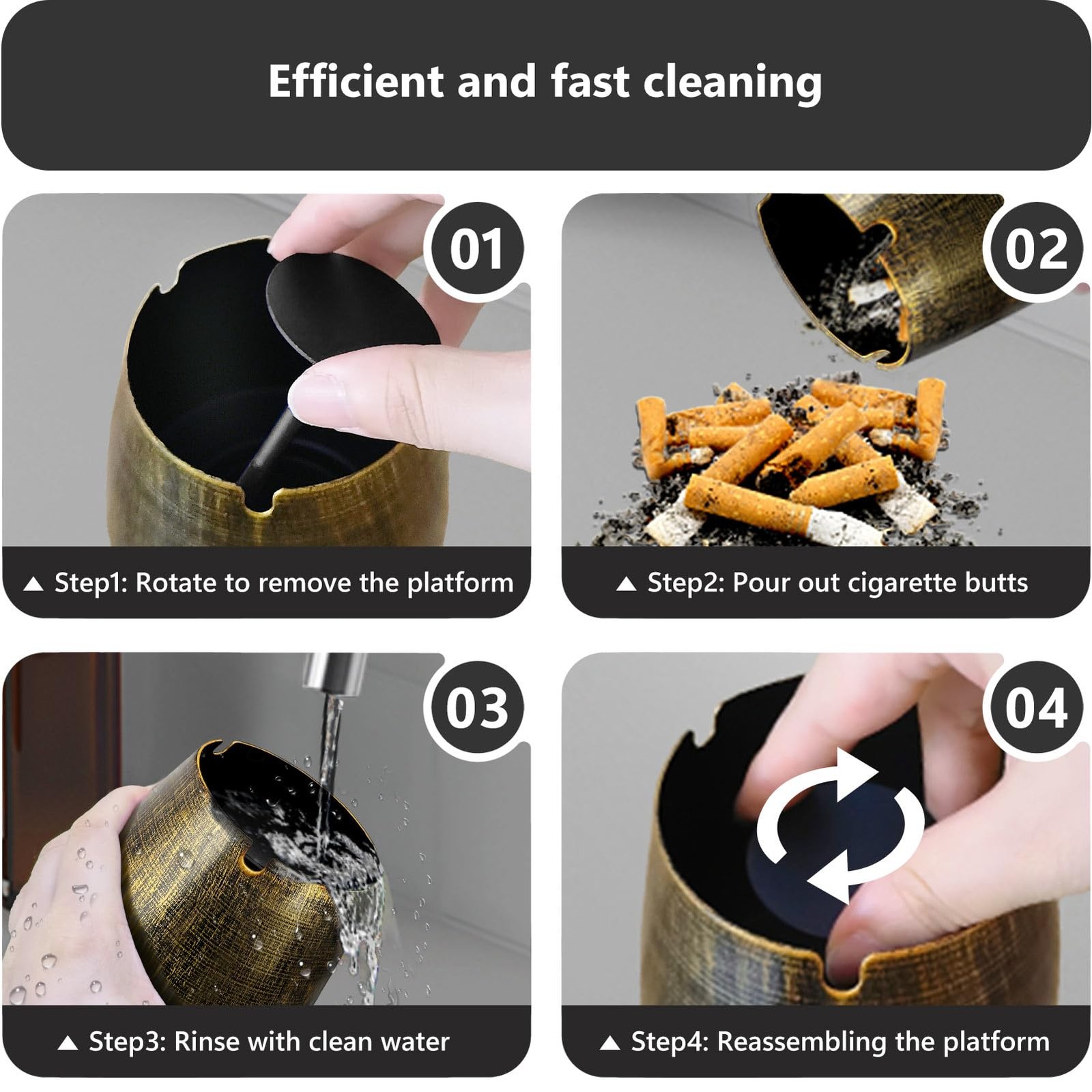 Ashtray with Lid, Windproof Smokeless Odorless Metal Tabletop Ash Tray fo