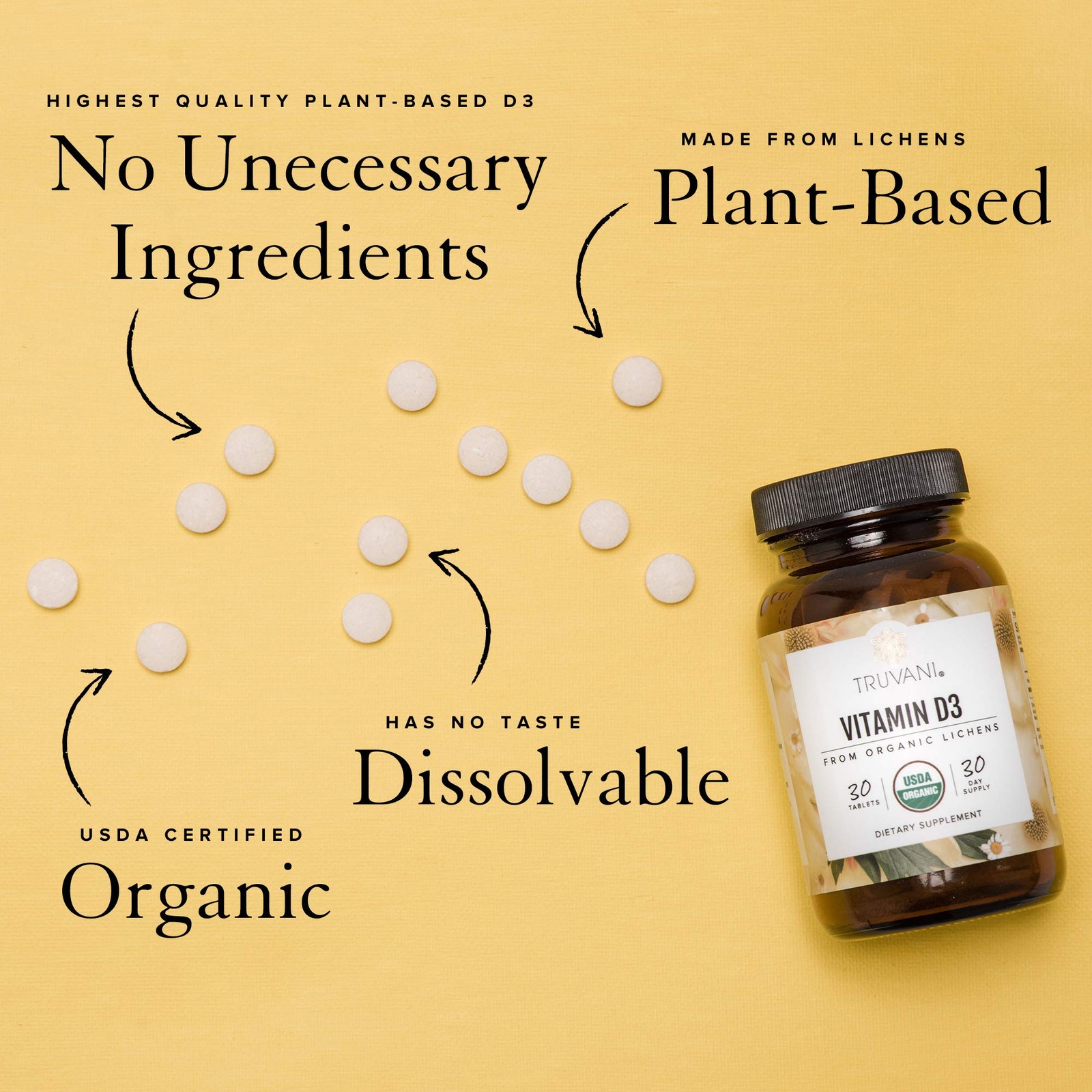 Truvani Organic Vitamin D3 - Plant-Based, USDA Organic, 30 Count (Pack of 1)