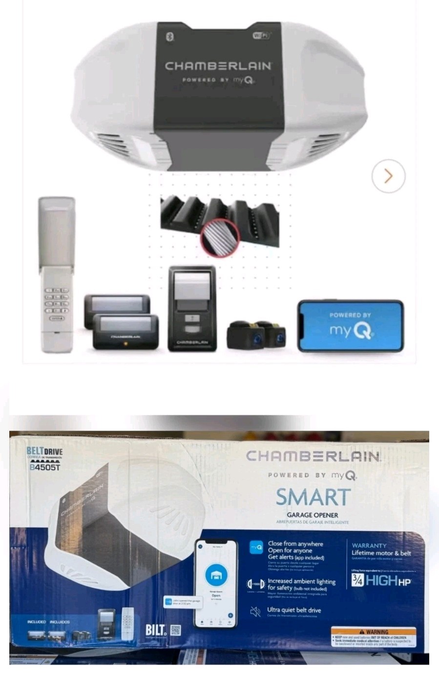 Chamberlain 3/4 HP Smart Quiet Belt Drive Garage Door Opener + Keypad B4505T