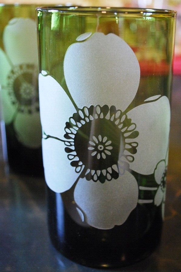 Vtg Set 8 PIER 1 Tumbler Glasses ETCHED FLOWER Hand Blown 6" Multicolor 20 Ounce